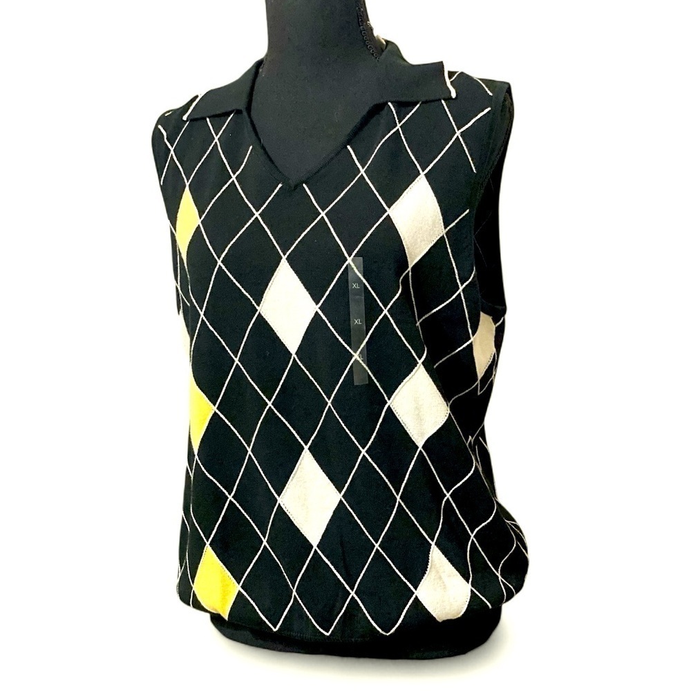 LIZ CLAIBORNE ARGYLE GOLF SWEATER VEST WITH COLLAR